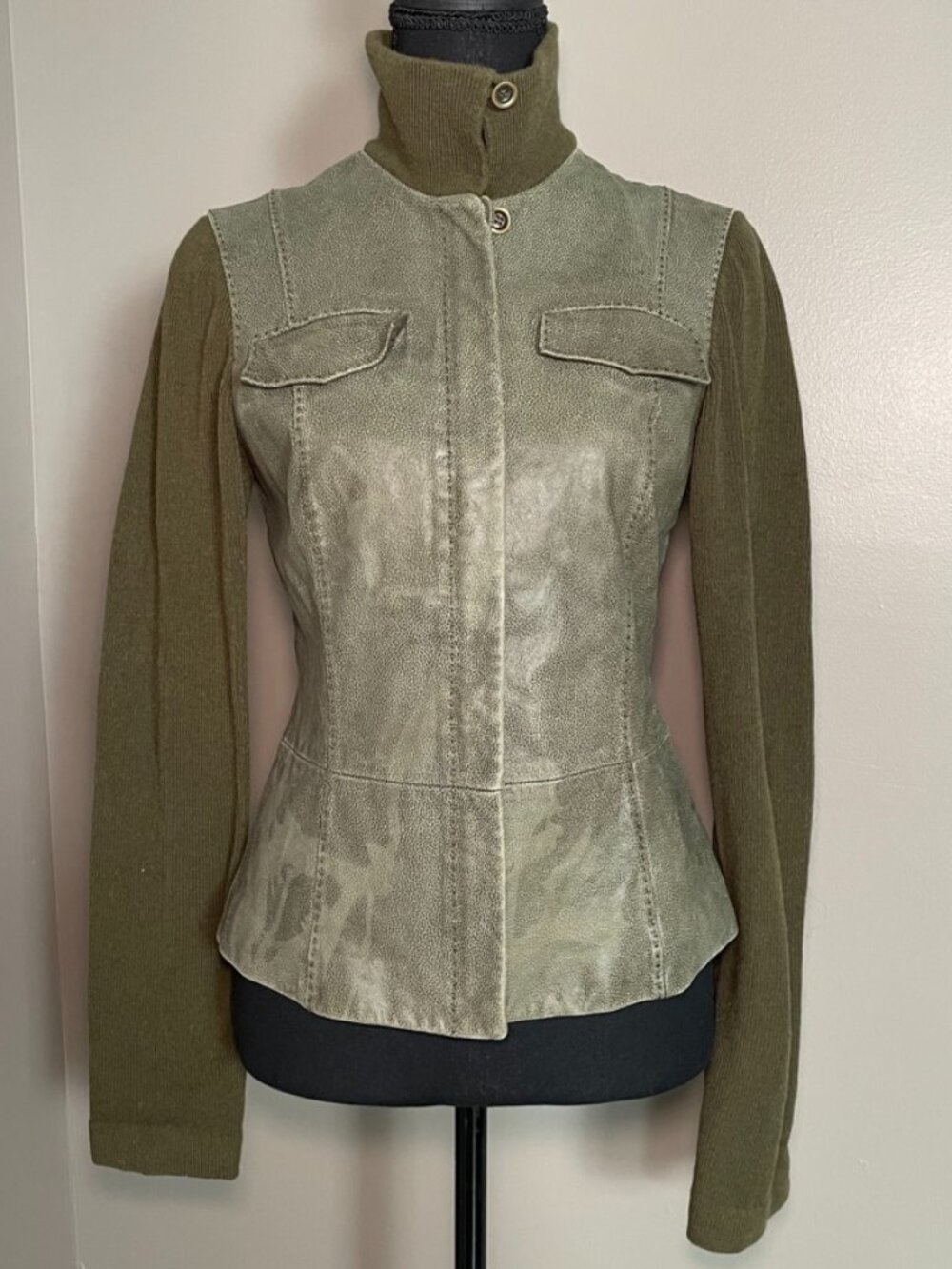 WORTH Vintage Sage Leather Olive Knit Sleeve Fitted Riri Zip Jacket Size 2